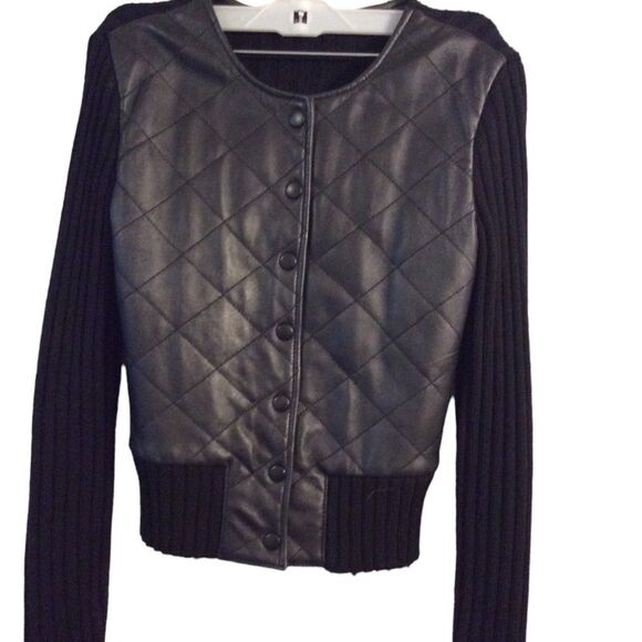 BCBG Mixed wool blend sweater faux leather short jacket womens Small S quilted - Picture 1 of 6